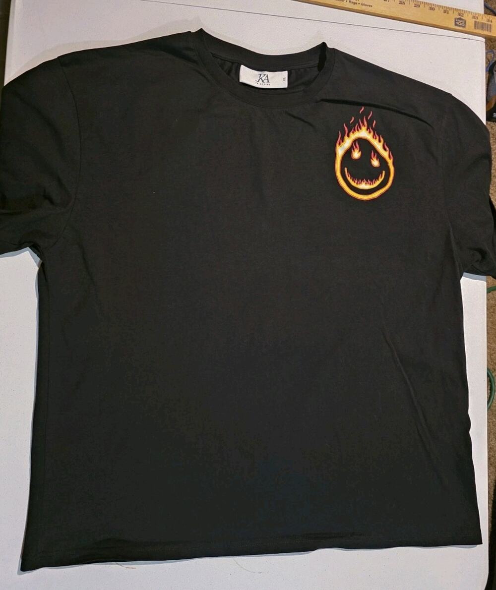 Flame Smiley Face T Shirt Black XL Oversized Graphic Fire Print Jk Attire